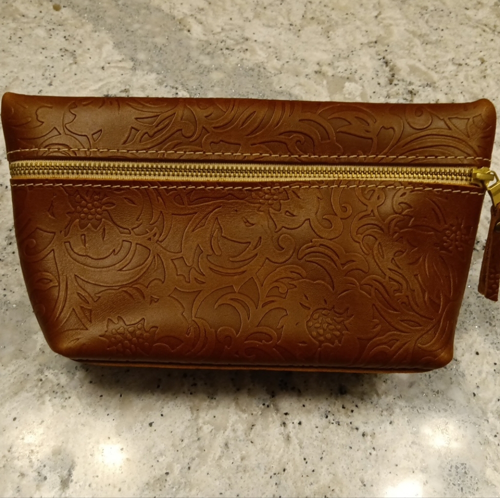 Portland Leather Floral Embossed Tan Cosmetic Case - Picture 2 of 7